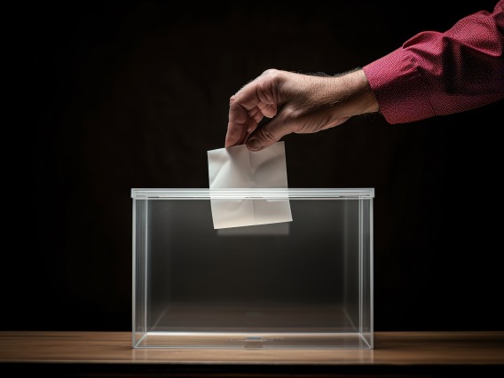 a picture of a hand dropping a ballot into a transparent ballot box