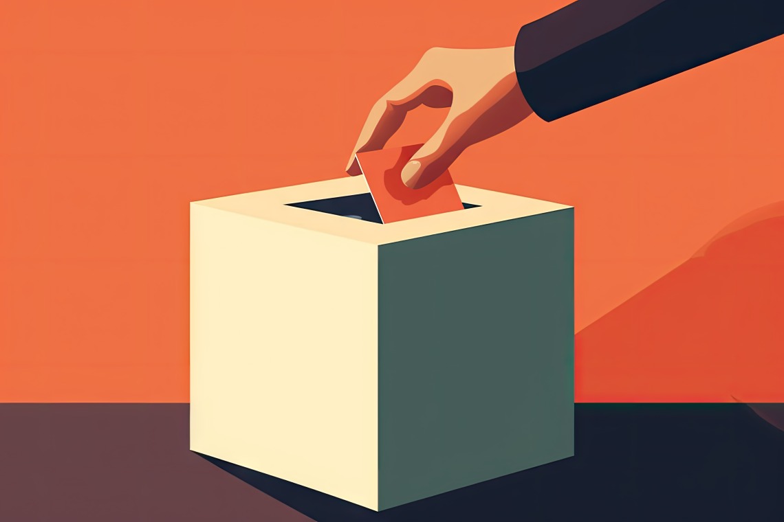 A cartoon image of a person dropping off his ballot into a ballot box